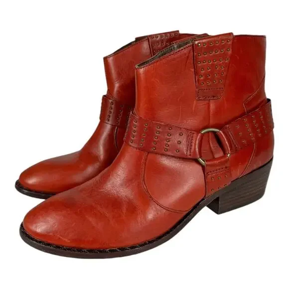 Kork-Ease Katie Red Studded Leather Ankle Booties 8 Western Harness Moto Boho - Picture 1 of 12